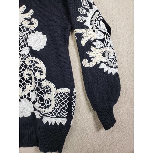 Bonnie Boerer Sweater Womens Small Black V-Neck Sequin Bling Trim Knit Pullover - Picture 3 of 10